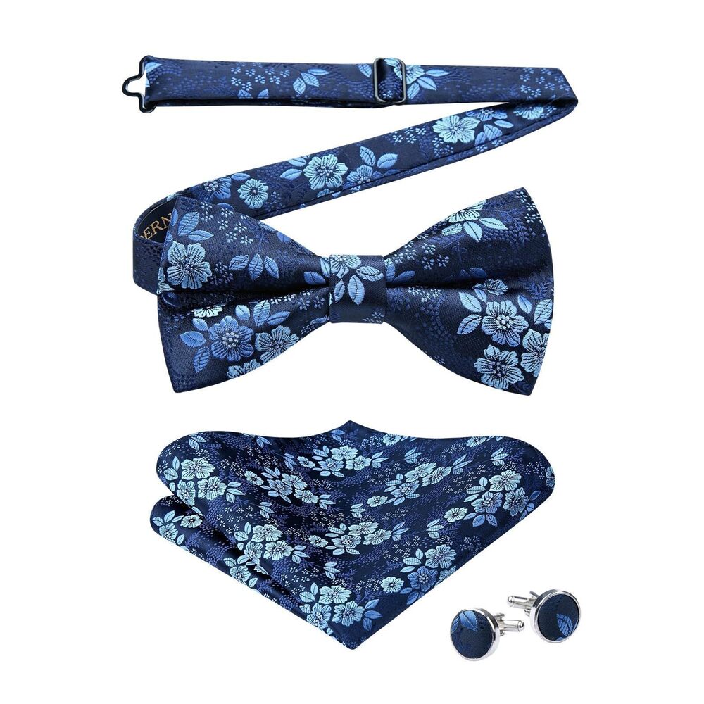 9142 Blue Bow Ties Navy Floral Pre-Tied Bow Tie Handkerchief Classic Formal